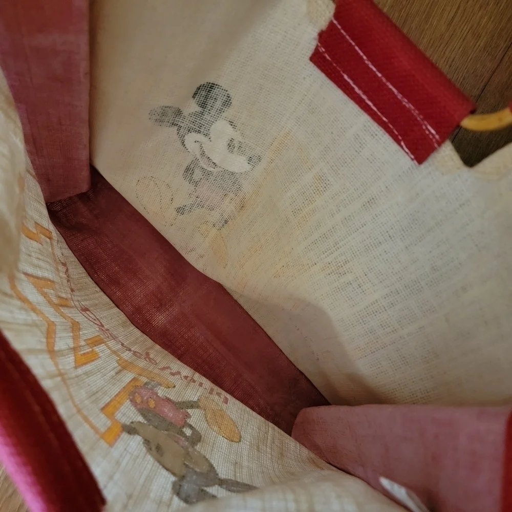 Vintage Disney Mickey Mouse Canvas Burlap Tote Bag with Wooden Handles